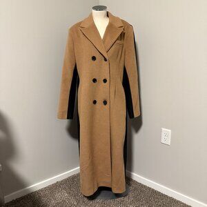 DKNY Long Wool Blend Coat Camel Black Colorblock Double Breasted Size XL